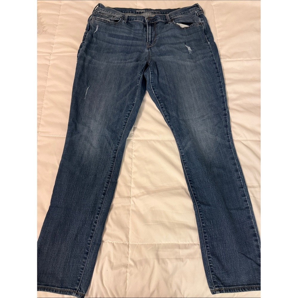 Old Navy Curvy Mid-Rise Straight Leg Jeans Medium Wash Distressed 14 Long Womens